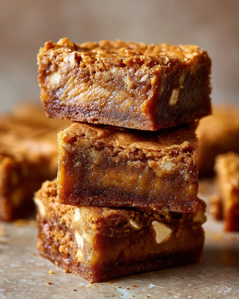 Delicious homemade Peanut Butter Blondies on a wooden table