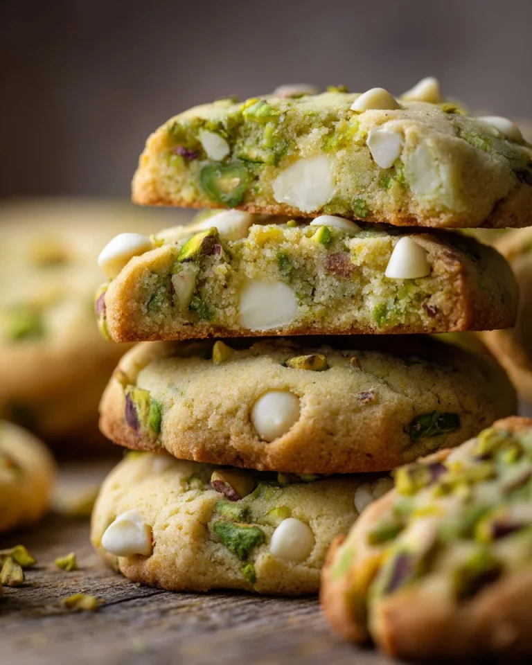 Pistachio white chocolate shortbread cookies on a plate