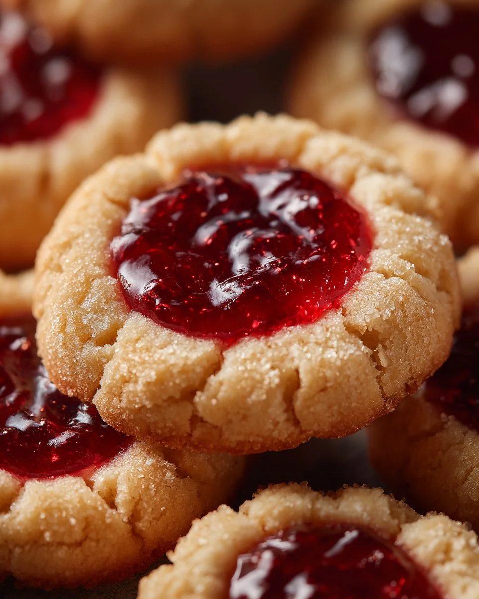 Freshly baked Raspberry Almond Thumbprint Cookies with raspberry jam filling.