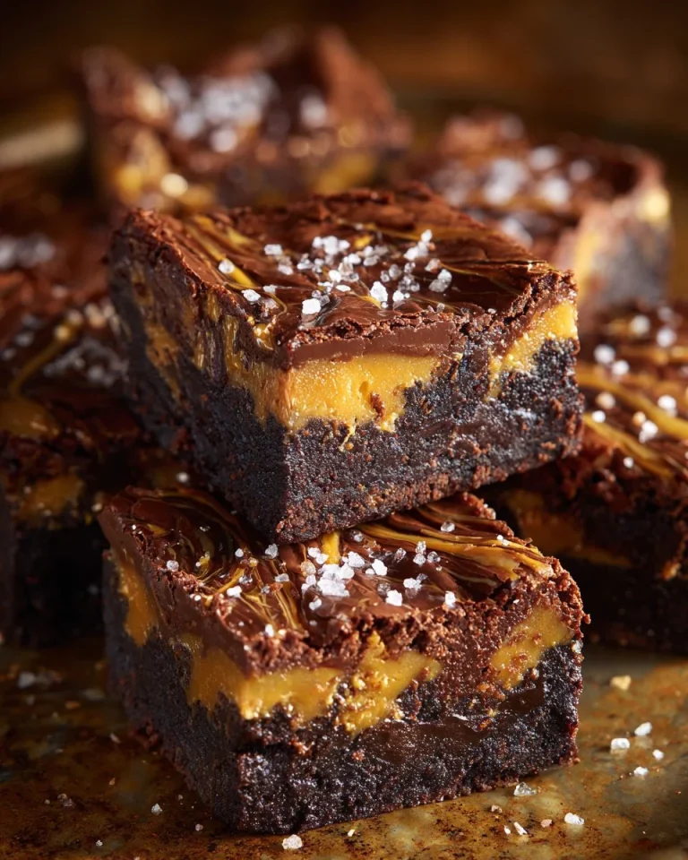 Delicious salted caramel brownie bars topped with rich caramel sauce
