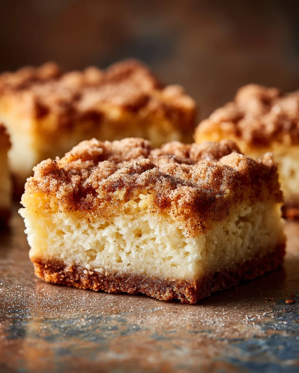 Plate of freshly baked snickerdoodle crumb bars with cinnamon sugar topping