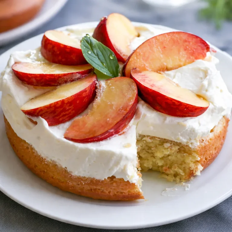 Small-Batch Honey Vanilla Olive Oil Cake topped with fresh peaches and honey drizzles.