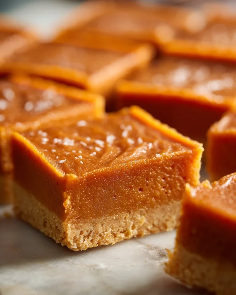 Delicious sweet potato pie bars topped with whipped cream and spices.