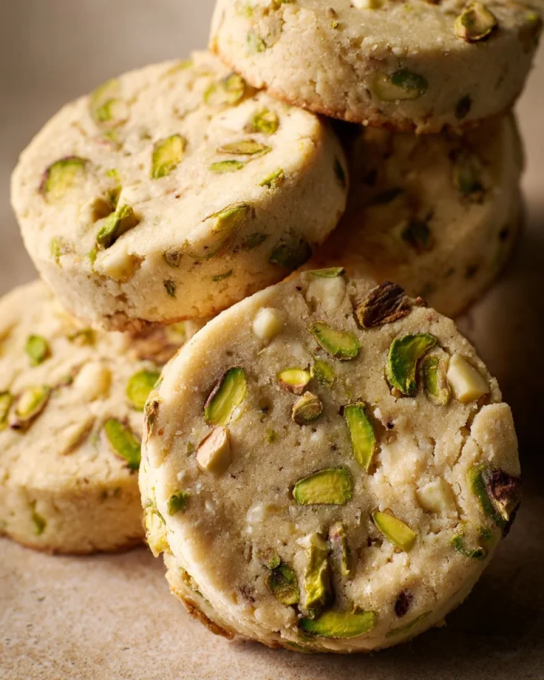 White chocolate pistachio rose shortbread cookies on a plate