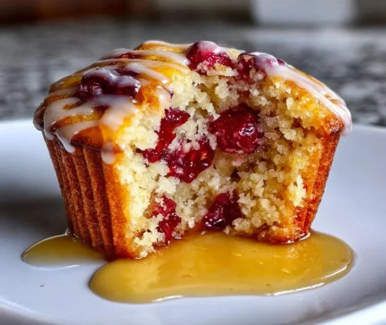 Freshly baked cranberry orange muffins with a sweet glaze on top