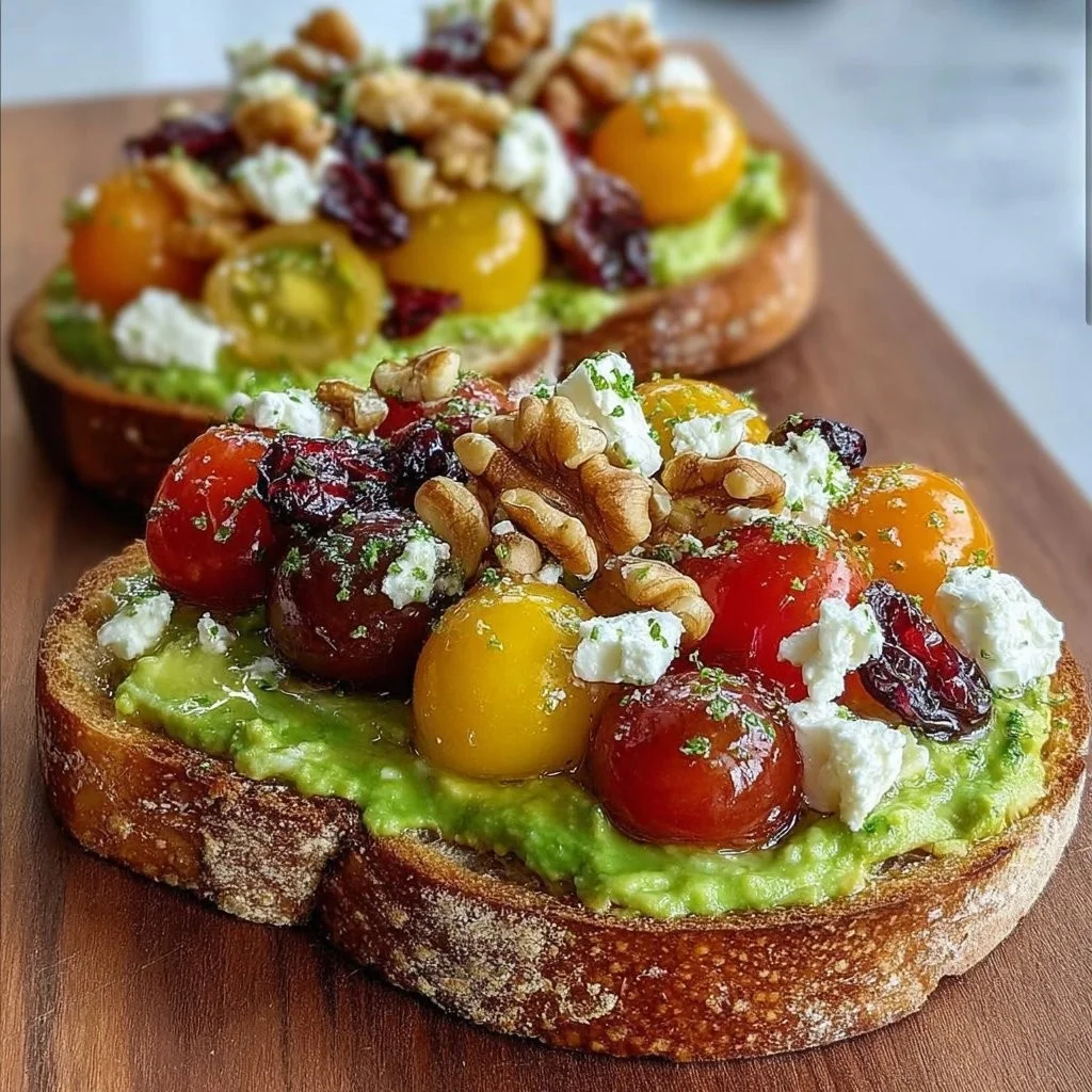 Avocado toast topped with feta, cherry tomatoes, cranberries, and walnuts on a plate.