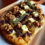 Delicious Brie and Cranberry Flatbread appetizer on a wooden board
