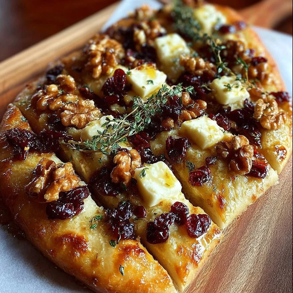Delicious Brie and Cranberry Flatbread appetizer on a wooden board