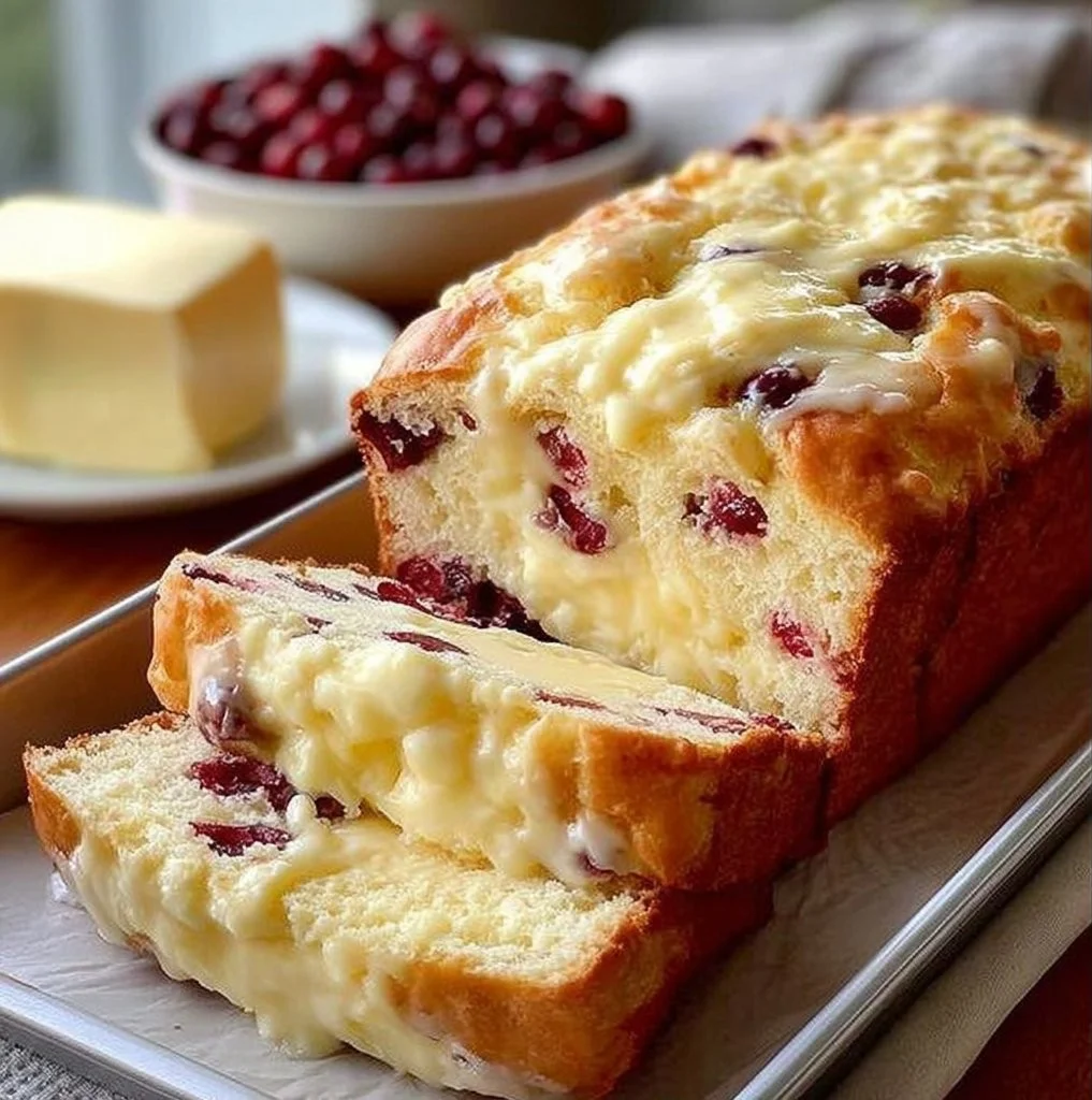 Delicious Cranberry Cream Cheese Swirl Cake showcasing creamy swirls and cranberries.