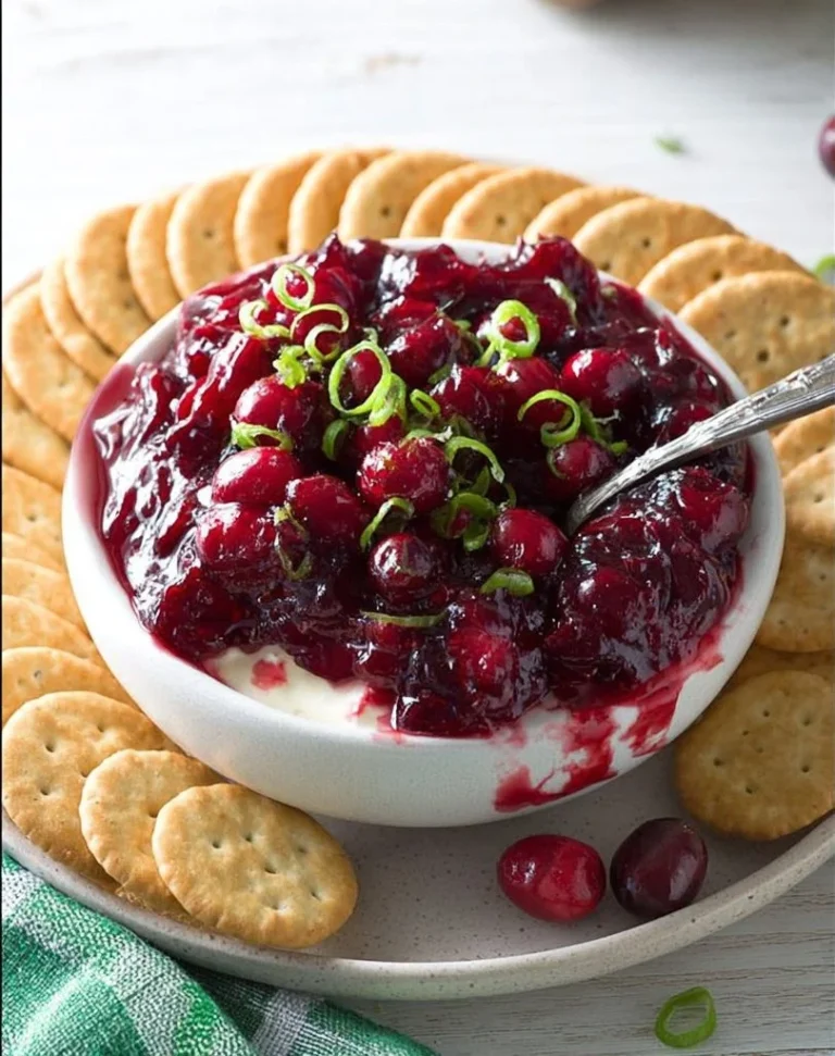 Cranberry Jalapeno Cream Cheese Dip served in a bowl with crackers