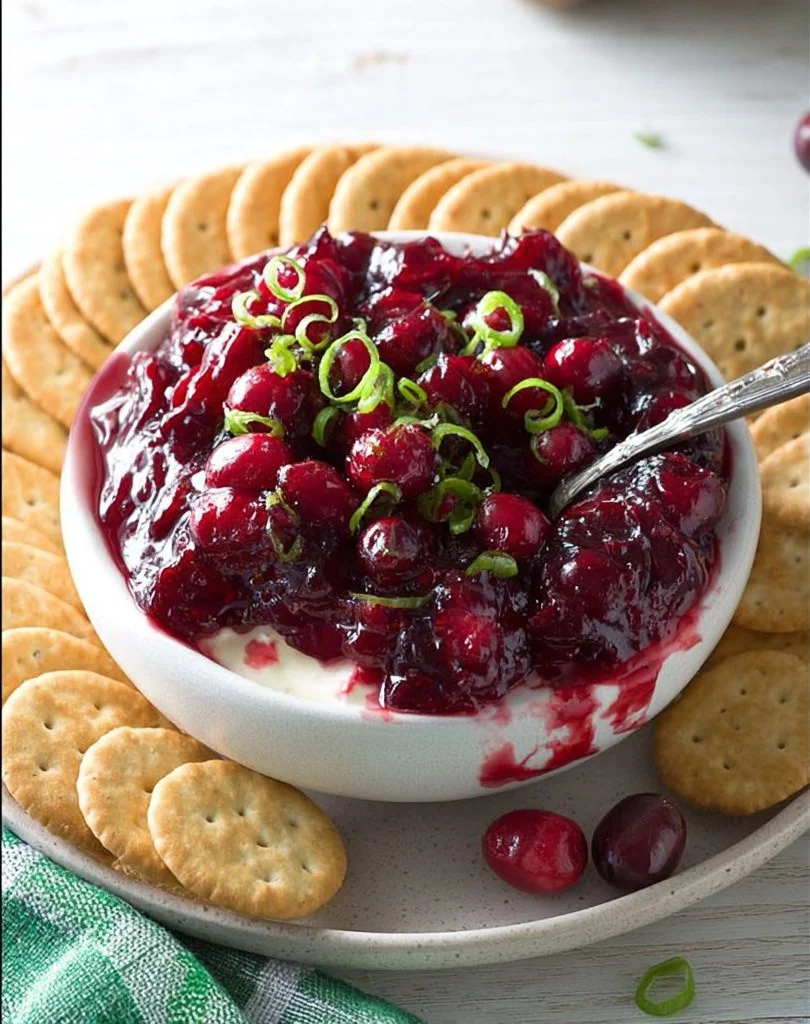 Cranberry Jalapeno Cream Cheese Dip served in a bowl with crackers
