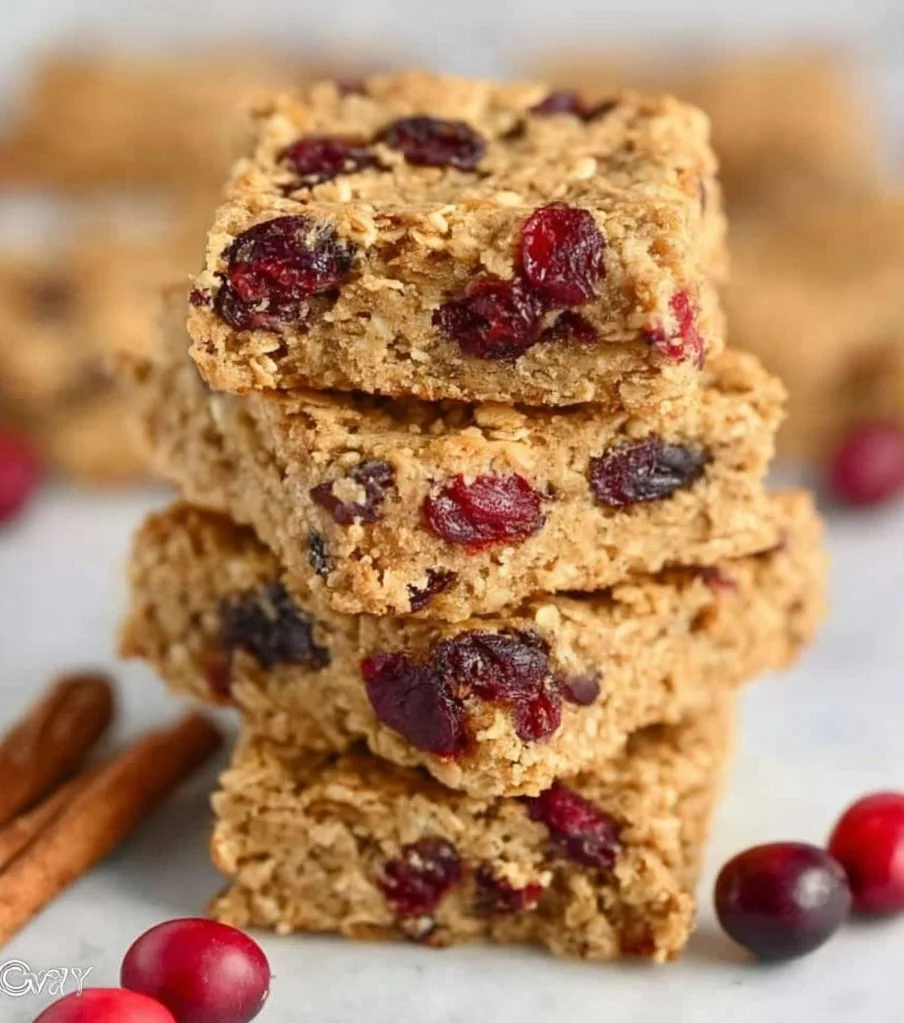 Homemade cranberry oatmeal bars with a golden brown top and cranberries visible