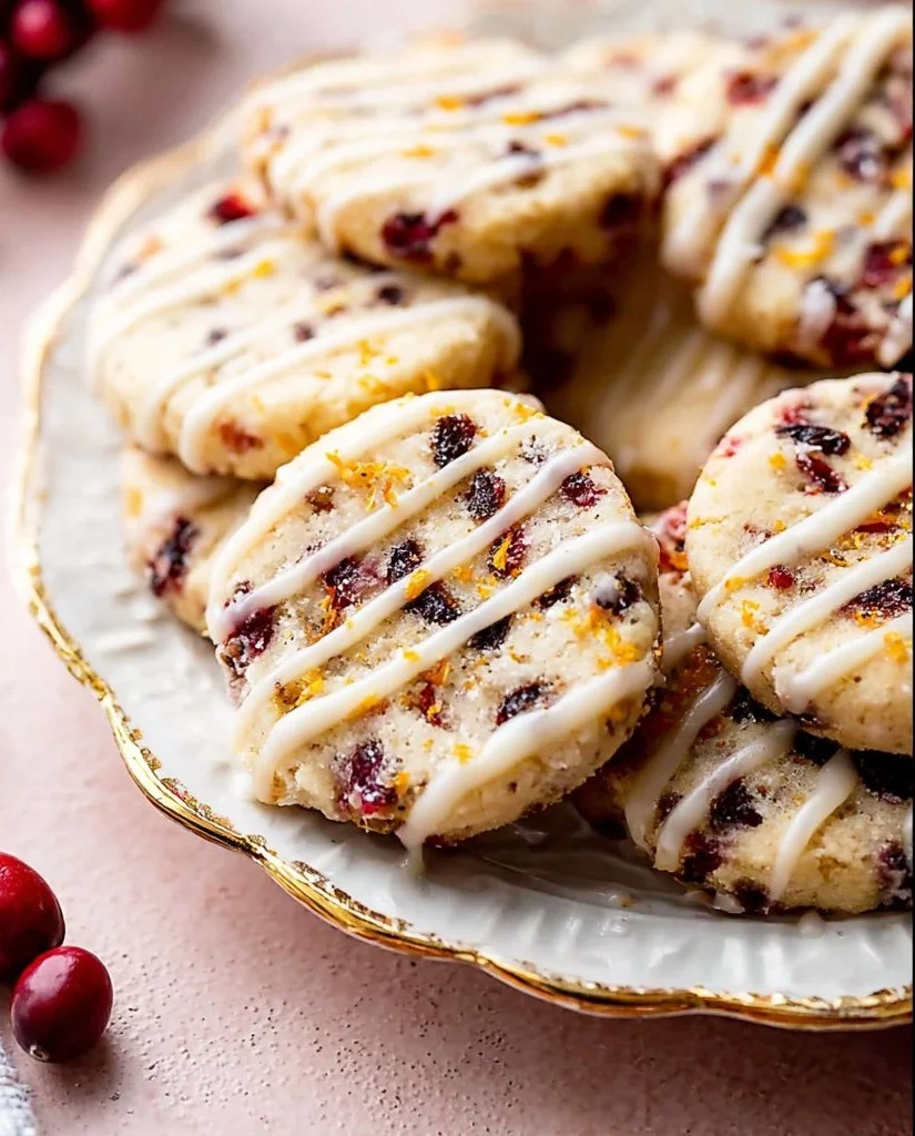 Cranberry orange icebox cookies on a plate, featuring a vibrant citrus color.