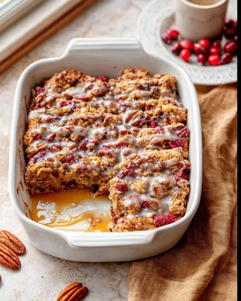 Freshly baked Cranberry Pecan Cake topped with pecans and cranberries