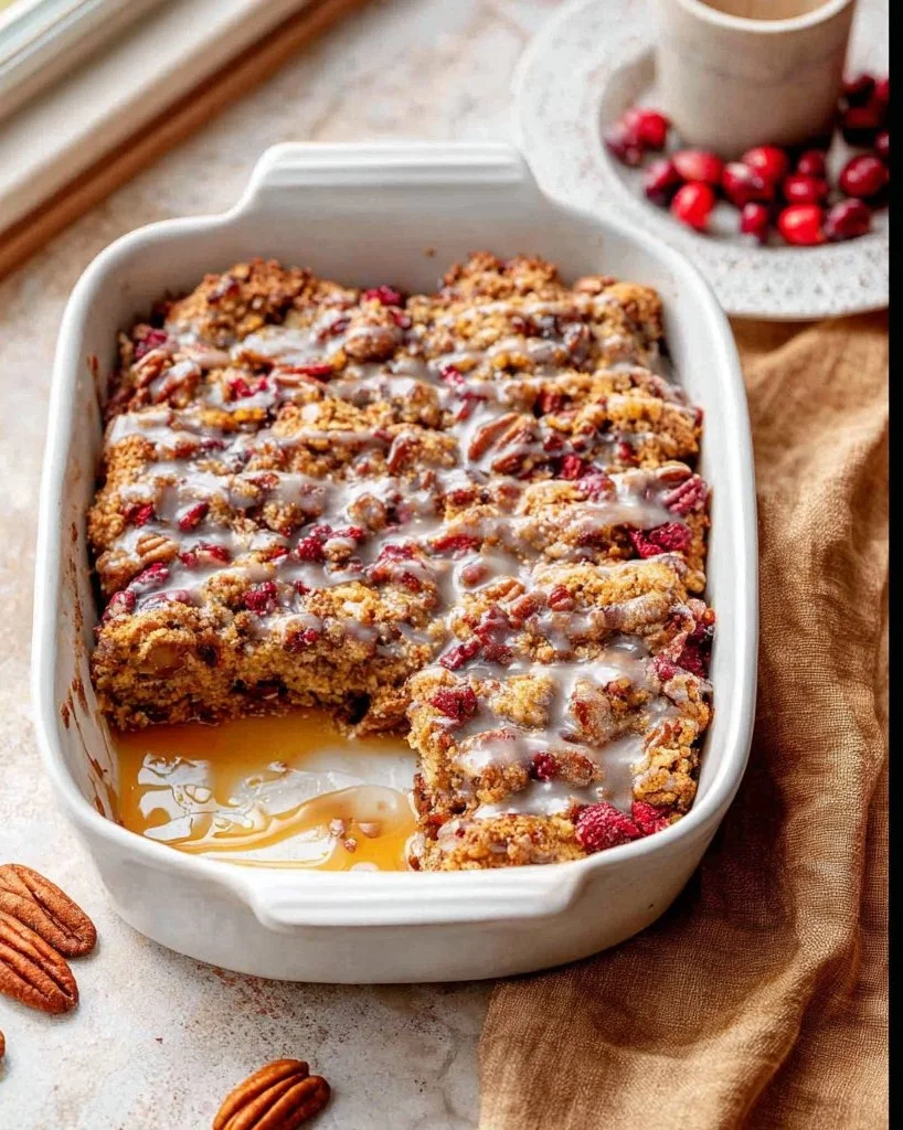 Freshly baked Cranberry Pecan Cake topped with pecans and cranberries