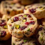 Cranberry pistachio shortbread cookies on a festive plate