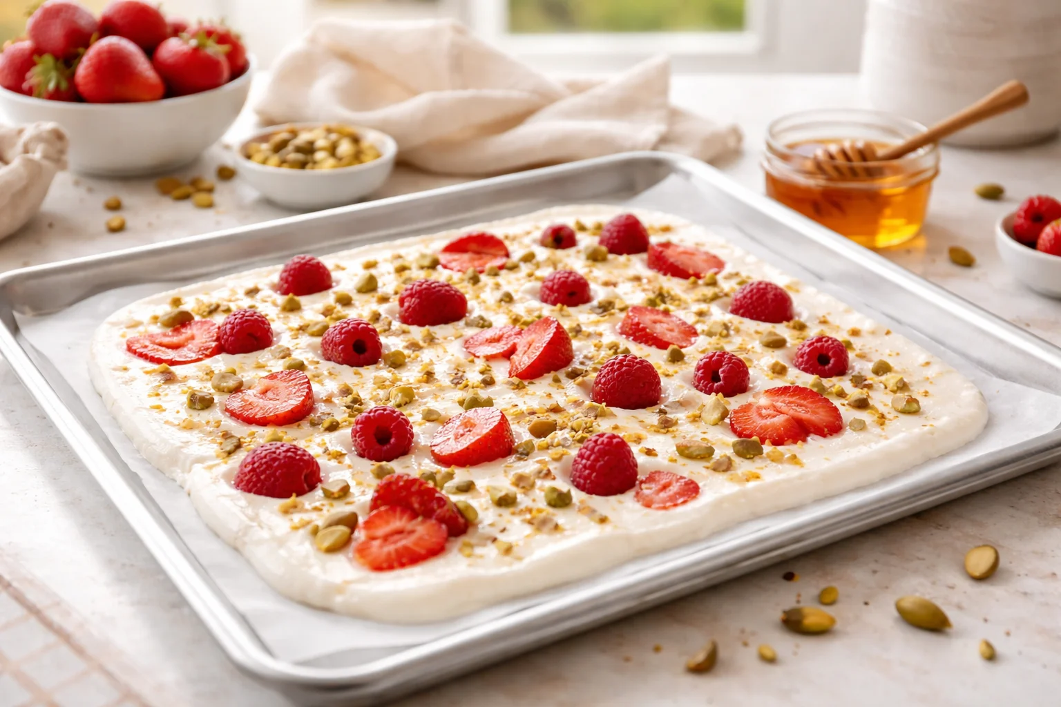 Frozen Strawberry Yogurt Bark with Pistachio