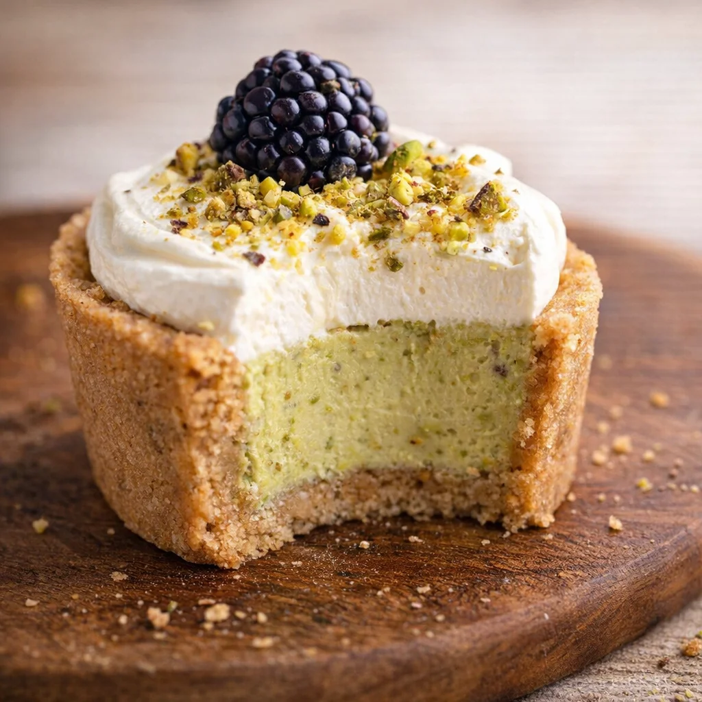 Mini Blackberry Pistachio Cheesecake Cups topped with blackberries and pistachios.