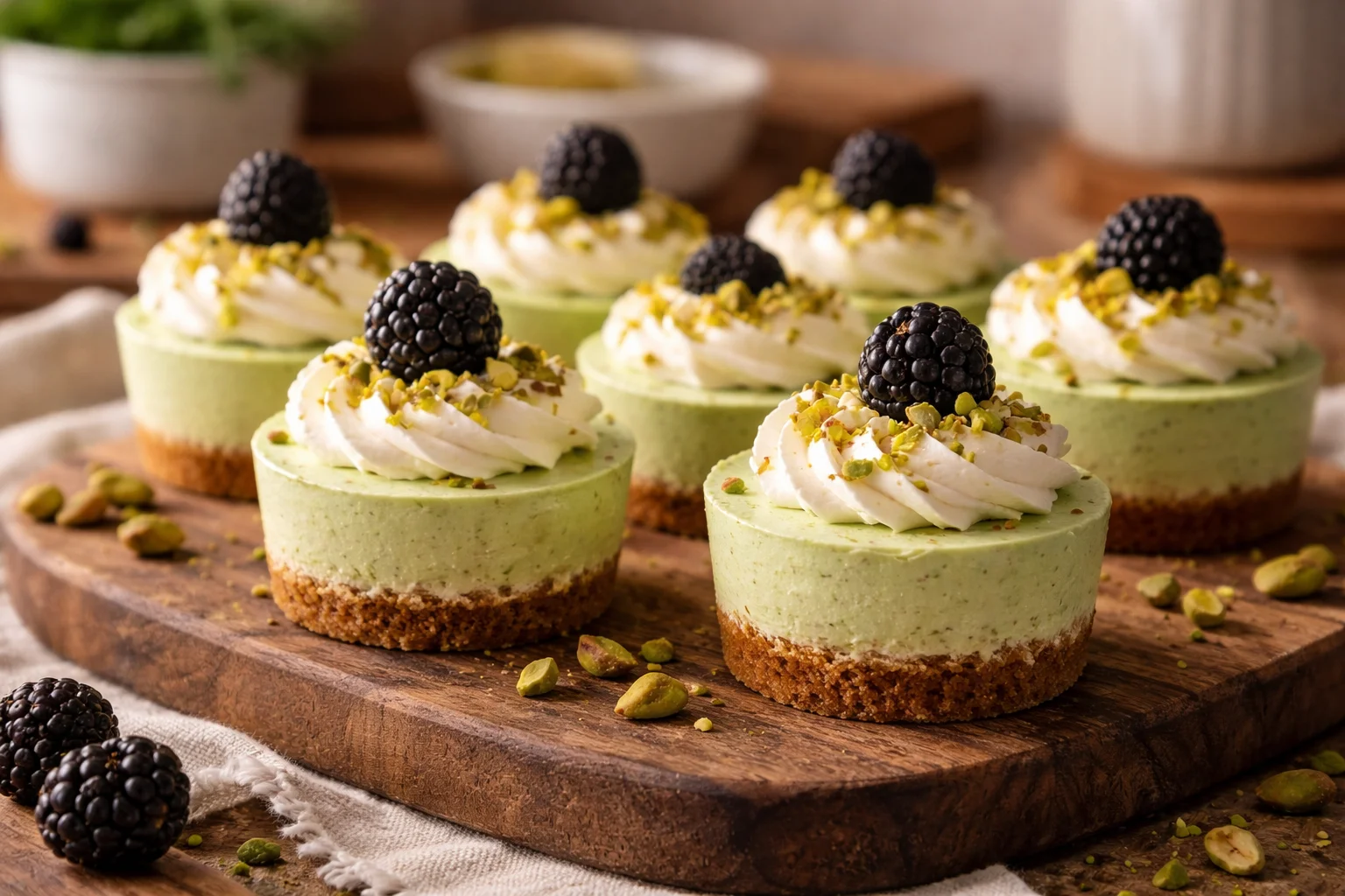Mini Blackberry Pistachio Cheesecake Cups