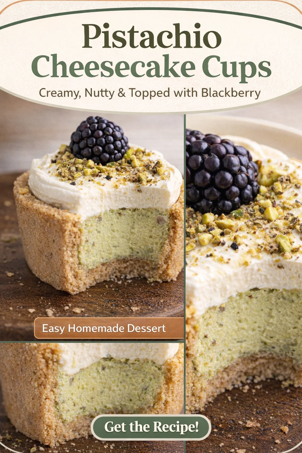 Mini Blackberry Pistachio Cheesecake Cups