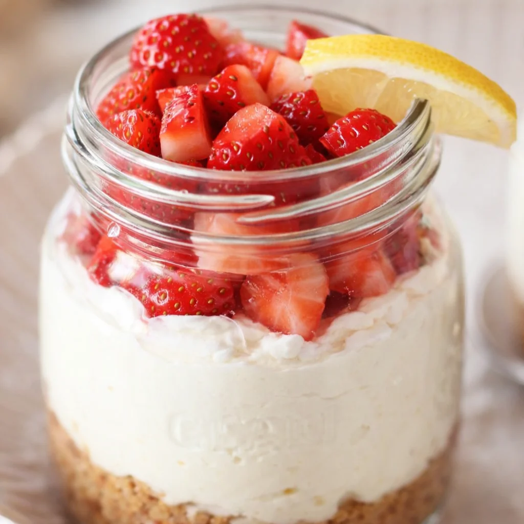 No-Bake Mini Strawberry Lemon Cheesecake Jars with graham crust and fresh strawberries