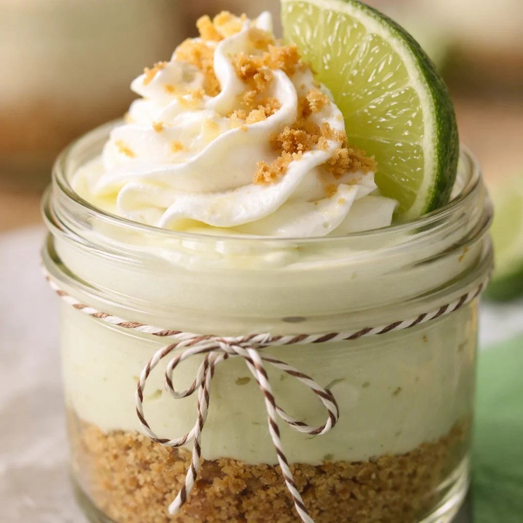 No-Bake Key Lime Cheesecake Cups with graham cracker crust and whipped cream topping