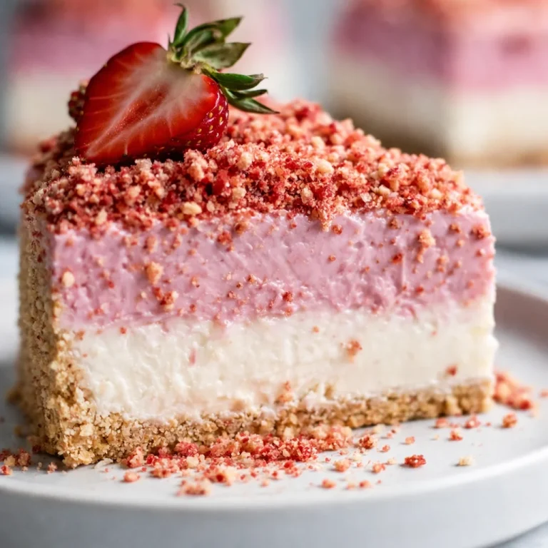 No-Bake Strawberry Crunch Yogurt Bars with creamy layers and crunchy topping.