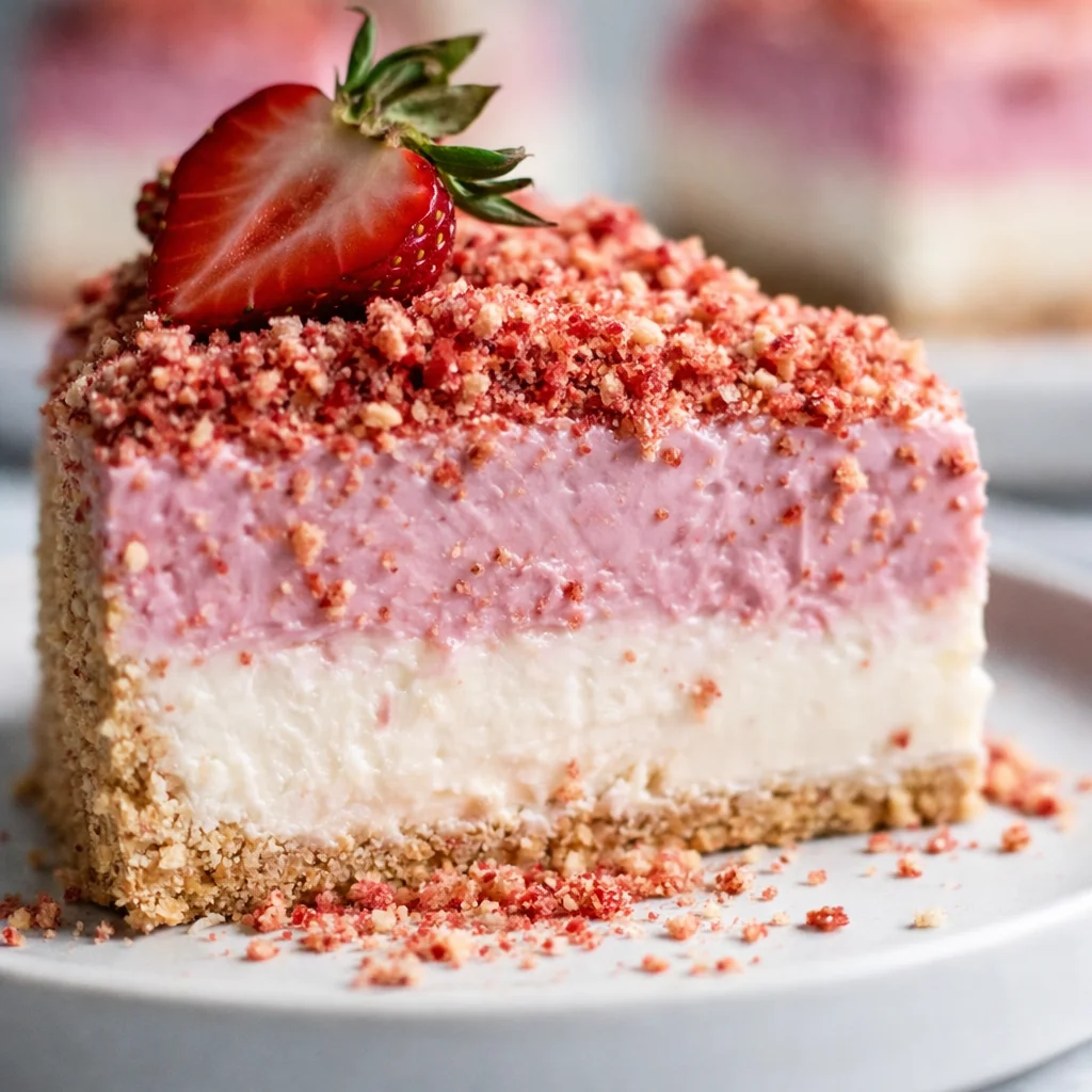 No-Bake Strawberry Crunch Yogurt Bars with creamy layers and crunchy topping.