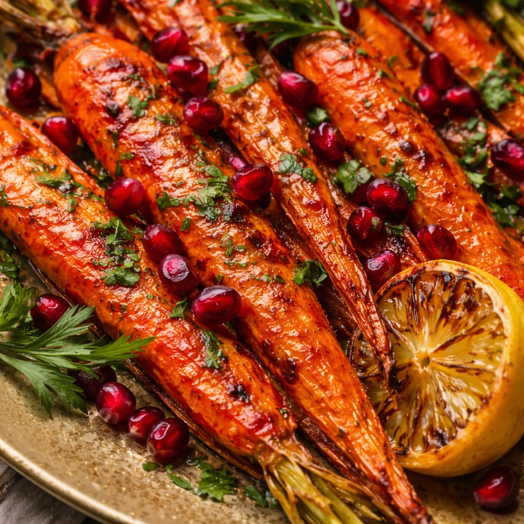 Small-Batch Harissa Honey Roasted Carrots garnished with honey and spices