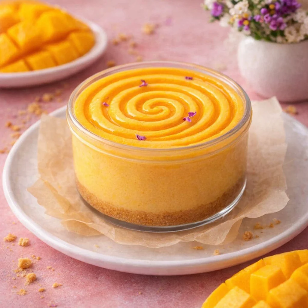 Delicious small-batch mango yogurt cheesecake pots served in elegant cups.