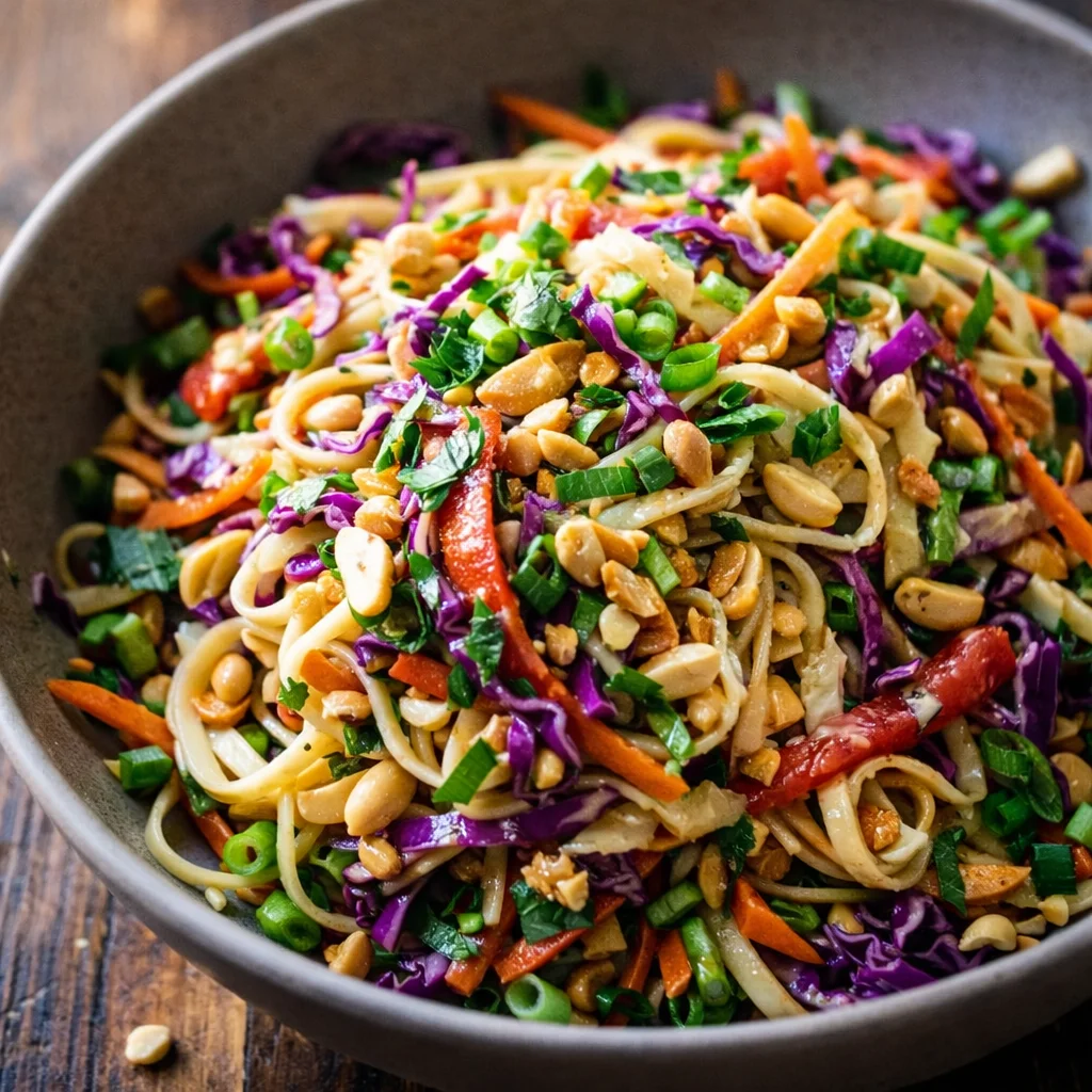Thai Peanut Crunch Noodle Salad with fresh vegetables and peanut sauce.