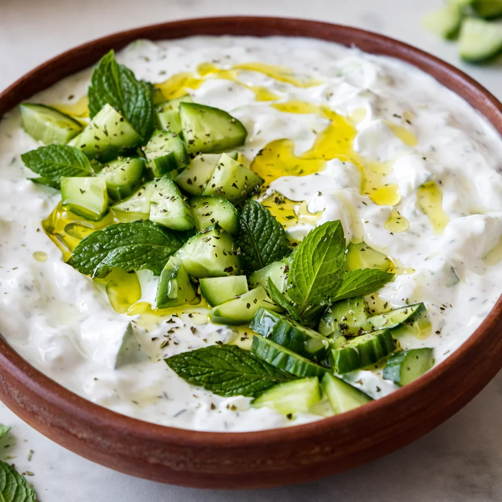 Delicious Turkish Yogurt Cucumber Salad Bowls with fresh mint and cucumbers.