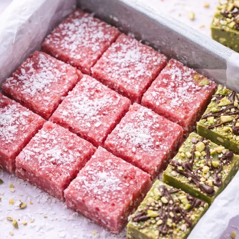 No-Sugar Strawberry Coconut Freezer Fudge in a decorative dish with berries