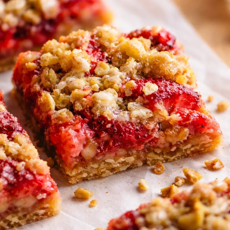 Delicious Small-Batch Pistachio Strawberry Crumble Bars topped with fresh strawberries.
