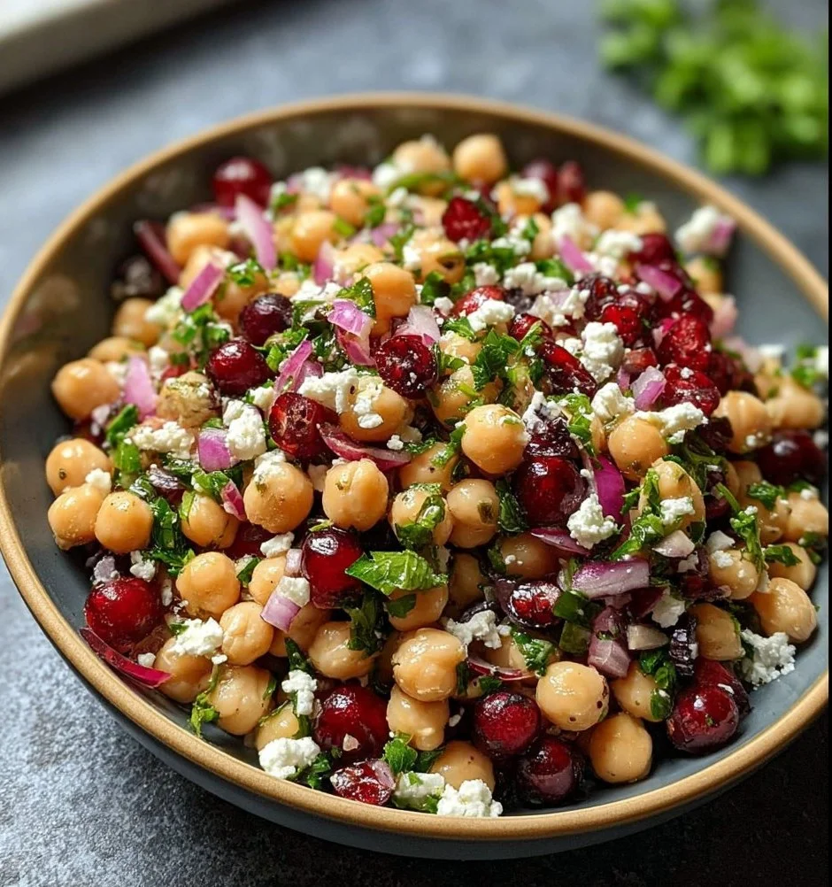 Feta and Cranberry Chickpeas with Lemon Vinaigrette in a bowl