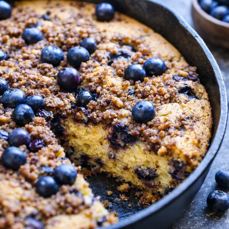 Flourless Blueberry Vanilla Skillet Cake served warm with ice cream