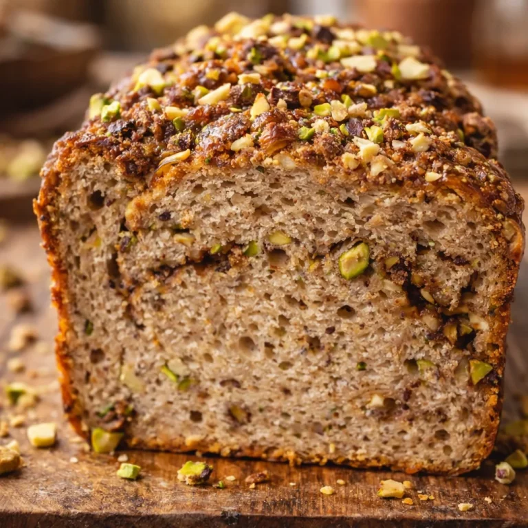 Sliced Flourless Pistachio Banana Snack Loaf on a wooden table.