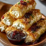 Golden baked feta rolls drizzled with sweet cranberry honey on a white plate