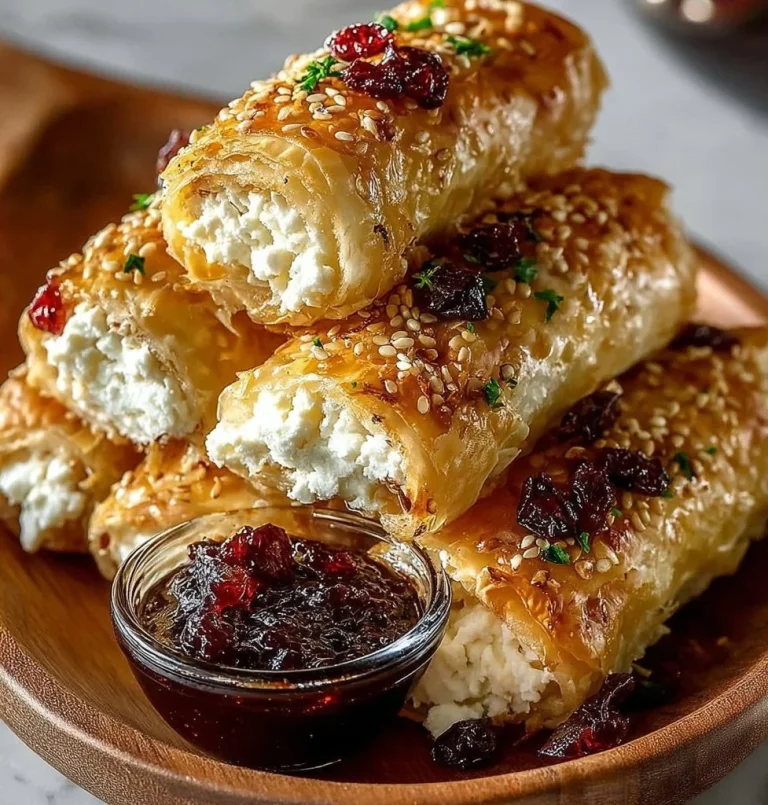 Golden baked feta rolls drizzled with sweet cranberry honey on a white plate