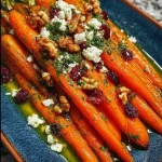 Plate of honey roasted carrots topped with feta, cranberries, and walnuts