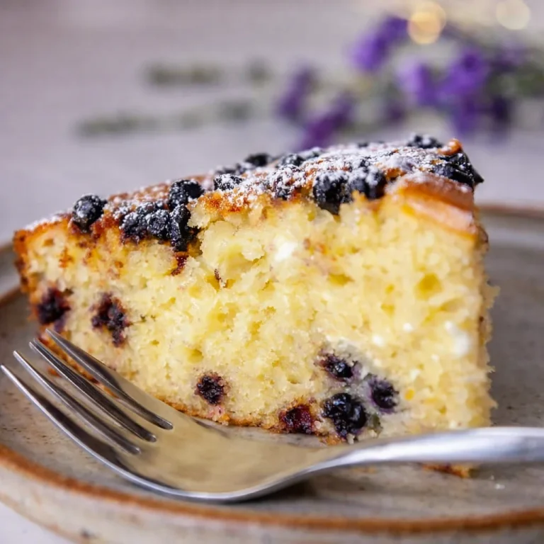 Healthy Blueberry Cottage Cheese Snack Cake on a plate with fresh blueberries.