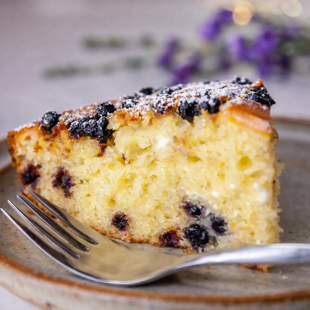 Healthy Blueberry Cottage Cheese Snack Cake on a plate with fresh blueberries.