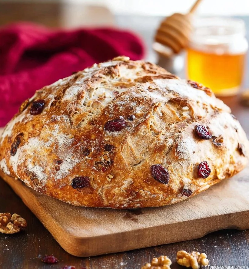No-knead cranberry walnut bread with honey fresh out of the oven