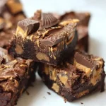 Delicious Peanut Butter Cup Brownies topped with chocolate and peanut butter.