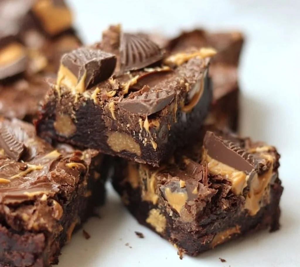 Delicious Peanut Butter Cup Brownies topped with chocolate and peanut butter.