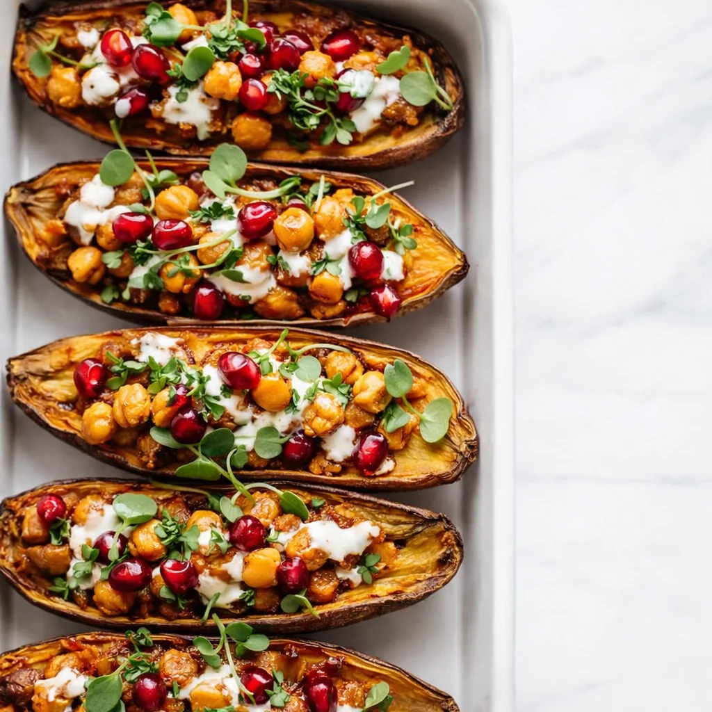 Moroccan Chickpea Stuffed Sweet Potatoes topped with tahini and herbs