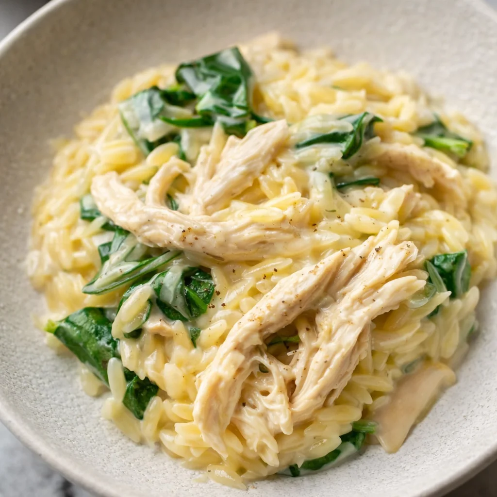 Delicious Greek Lemon Chicken Orzo for Two with chicken, orzo, and lemon in a bowl.