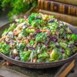 Vegan creamy broccoli cranberry salad in a bowl with fresh ingredients.