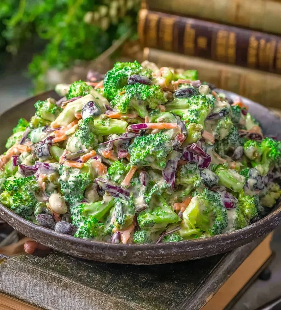 Vegan creamy broccoli cranberry salad in a bowl with fresh ingredients.