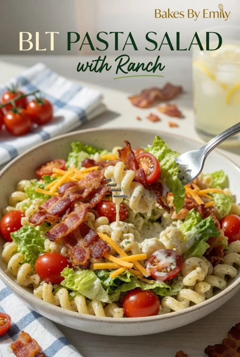 Colorful BLT Pasta Salad with bacon, lettuce, and tomatoes in a bowl.